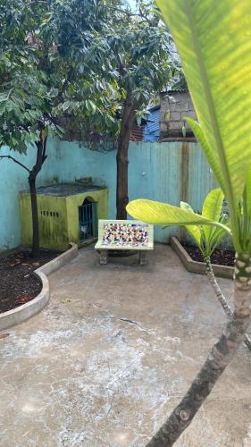 a bench in the middle of a courtyard with trees at Casa Azul - Apartment in San Felipe de Puerto Plata
