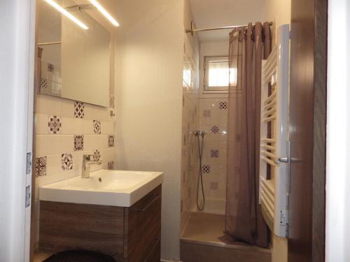 une salle de bain avec un lavabo et une douche dans l'établissement Les Deux Alpes - Appartement rénové pour 6, balcon exposé sud - FR-1-546-19, à Les Deux Alpes