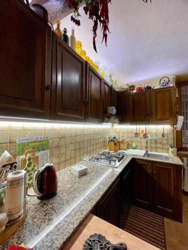 a kitchen with wooden cabinets and a counter top at B&B Souvenirs d'Antan in Orvinio