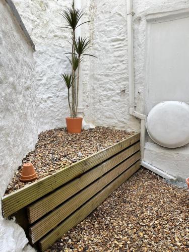 a potted plant sitting on top of a wooden planter at Stylish Studio Apartment on Torquay Harbourside! in Torquay
