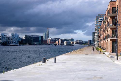 a boardwalk next to a body of water with buildings at Apartment in Copenhagen with water view in Copenhagen