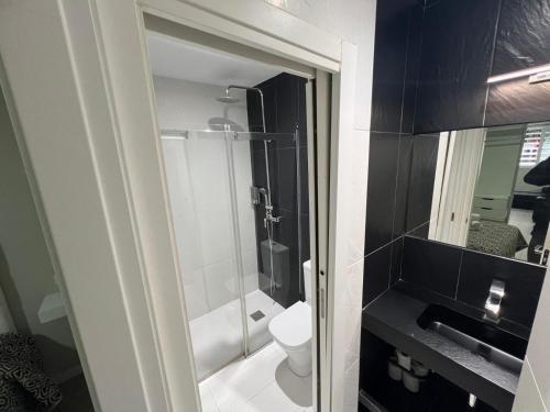 a bathroom with a shower and a toilet and a sink at El Encanto Andaluz 1 in Córdoba