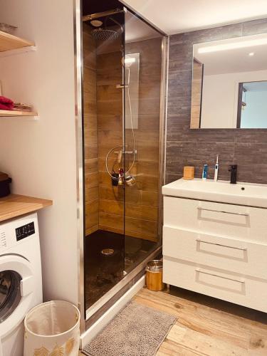une salle de bain avec douche et lavabo dans l'établissement Bel Appartement proche des plages et commerces, à Saint-Jean-de-Monts