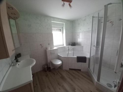 a bathroom with a tub and a toilet and a sink at Mitten im Spreewald in Kolonie