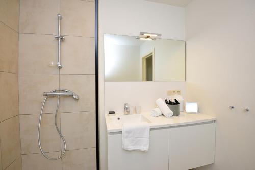 un bagno con doccia, lavandino e specchio di Residentie Rivella a Koksijde