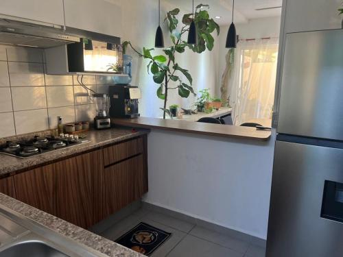 a kitchen with a stainless steel refrigerator and a sink at Casa Monstera te espera in Naranjo