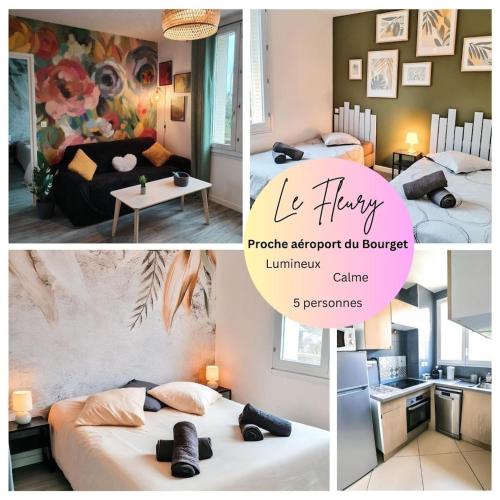 a collage of pictures of a room with two beds at Le Fleury appartement moderne 2 chambres, à côté du salon du Bourget in Le Blanc-Mesnil