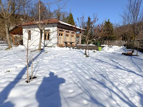 a shadow of a person in the snow in front of a house at Apartman Quince Gradac in Valjevo