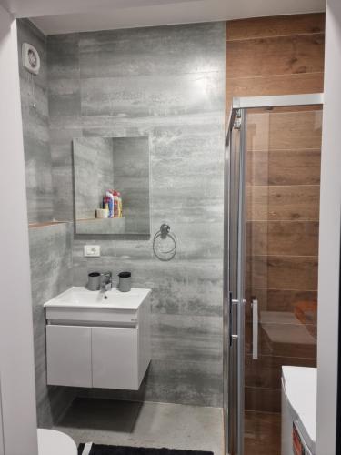 a bathroom with a sink and a shower at M&E Prishtina apartment in Prishtinë