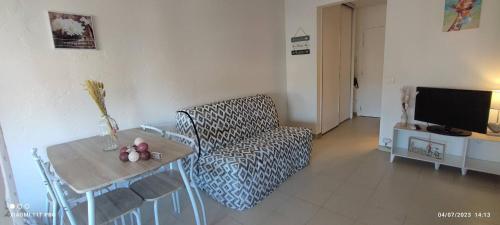 un salon avec une chaise et une table dans l'établissement studio proche gare et ville, à Antibes