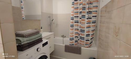La salle de bains est pourvue d'un rideau de douche et d'un lave-linge. dans l'établissement studio proche gare et ville, à Antibes