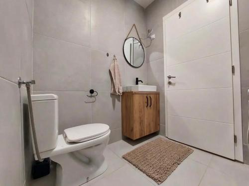 ein Badezimmer mit Toilette, Waschbecken und Spiegel in der Unterkunft Rivergreen in Banja Luka