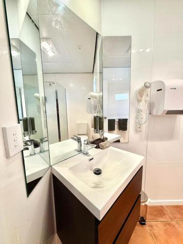 a bathroom with a sink and a large mirror at Anglesea Motel and Conference Centre in Hamilton