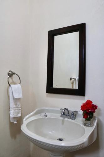 a bathroom with a white sink and a mirror at K-Rae's in Nosara
