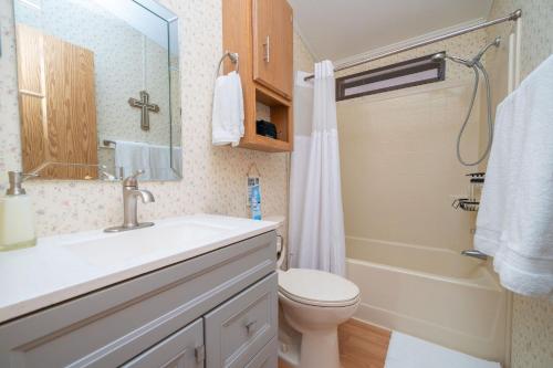 a bathroom with a sink and a toilet and a shower at Buckskin Tango, Views! in Parker