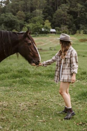 a woman in a hat is petting a horse at Banksia at barranca KV - Luxury Villa in Kangaroo Valley