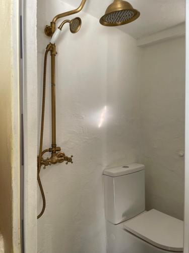 a shower in a bathroom with a toilet and a light at Moinho da Boavista in Serra do Bouro