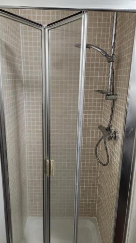 a shower with a glass door in a bathroom at Mekees Luxury Apartment in Tipton