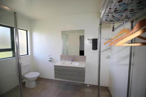a bathroom with a sink and a toilet and a mirror at Blue Marlin Apartments in Whitianga