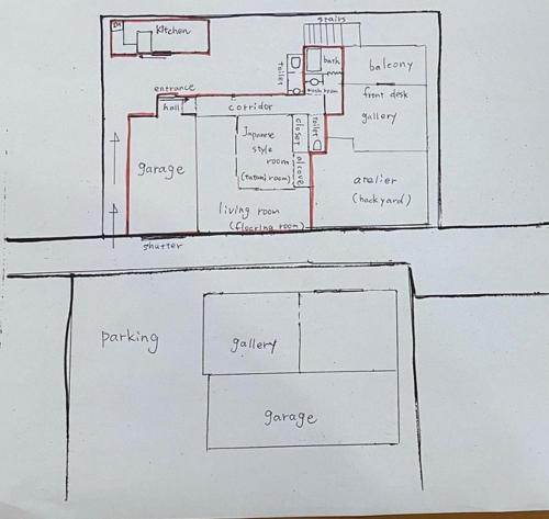 a drawing of a floor plan of a house at 古民家一棟貸しシモツイベース in Kurashiki