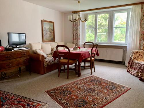 a living room with a table and chairs and a television at 2 separate Appartements mit 5 Schlafzimmern für 9 Personen in Ühlingen-Birkendorf