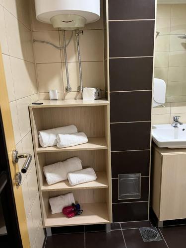 a small bathroom with towels and a sink at Pleasure Čair apartments in Niš