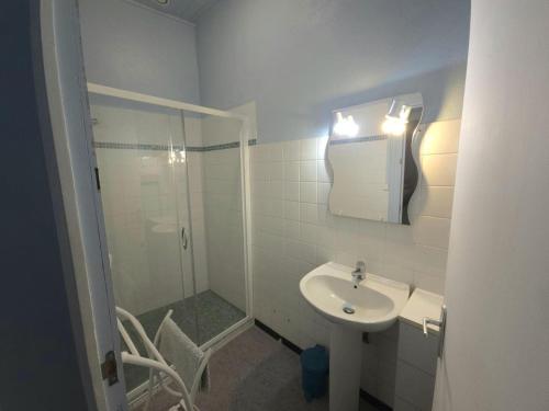 une salle de bain blanche avec un lavabo et une douche dans l'établissement Maison 2 chambres proche Sarlat, nature et culture, terrasse et barbecue - FR-1-616-240, à Castelnaud-la-Chapelle