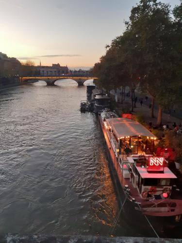 un bateau dans une rivière avec un pont en arrière-plan dans l'établissement Studette Paris 4, à Paris