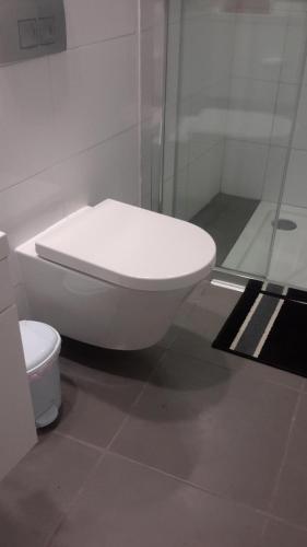 a bathroom with a toilet and a glass shower at Chris House in Nicosia