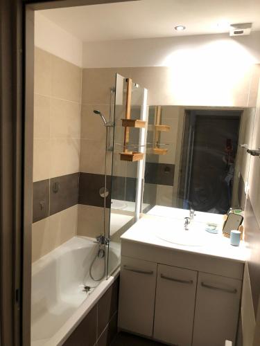 une salle de bain avec une baignoire, un lavabo et une douche dans l'établissement Charmante petite maison dans résidence avec piscine chauffée à 600 m de la plage, à Belgodère