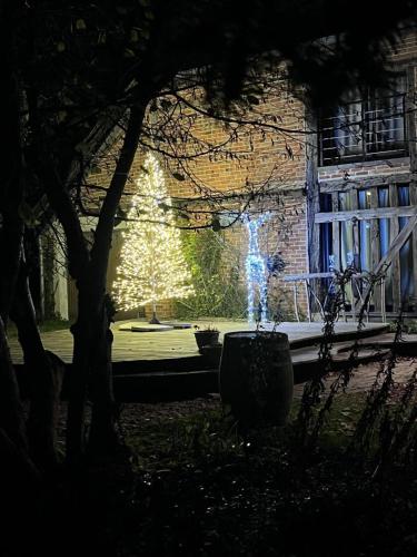 a fountain in front of a building with a tree at Le coteau de l'orme in Dosches