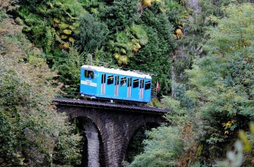 a blue train on a bridge over a mountain at Collina d'Oro C14 by Fewotessin in Orselina