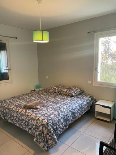 une chambre avec un lit et une fenêtre dans l'établissement Bleu Lagon-T2 en RDC proche centre ville avec terrasse labellisé PMR, à Salies-de-Béarn