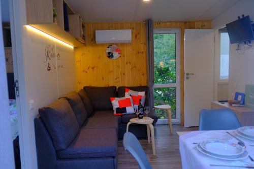 a living room with a couch and a table at Tinyhaus Sankt Rupert Nummer 11 in Riedenburg