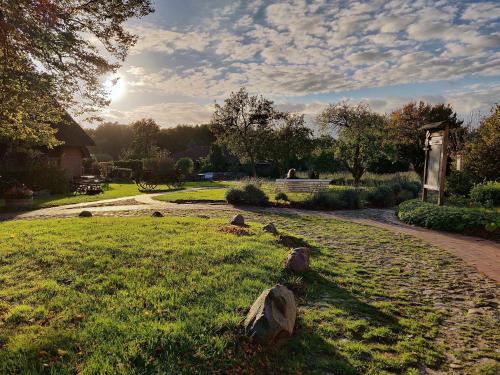 a yard with rocks in the grass with the sun setting at GH Superior Studio II-VI 12 in Bastorf