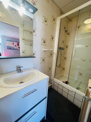 une salle de bain avec un lavabo et une douche dans l'établissement F2 Pensée, à La Bourboule