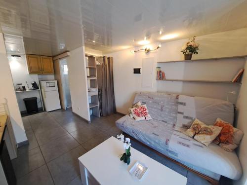 un salon avec un canapé et une table dans l'établissement Comfortable studio-from city center and beaches, à Montpellier