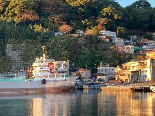 a cruise ship docked in a harbor with houses at 個室201セミダブル1台駅徒歩6分Atami Hakoneも近いゲストハウス真鶴 in Manazuru