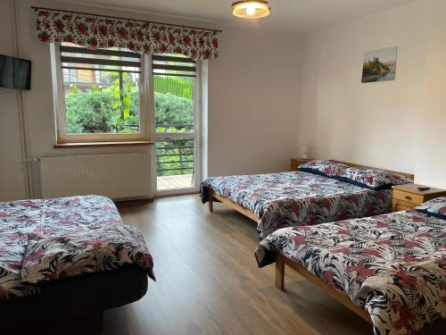 a room with two beds and a window at Winnica Spisz in Łapsze Niżne