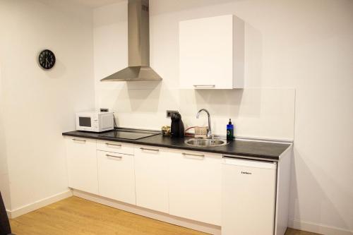 a white kitchen with a sink and a microwave at Apartamentos de Don Juan in Úbeda