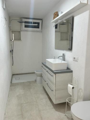 a bathroom with a sink and a toilet and a mirror at Casa Isabell Con Piscina Privata in San Teodoro