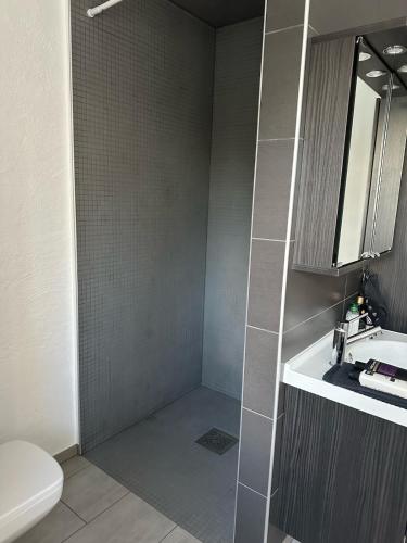 a bathroom with a sink and a toilet at Cozy home in quiet neighborhood in Ängelholm