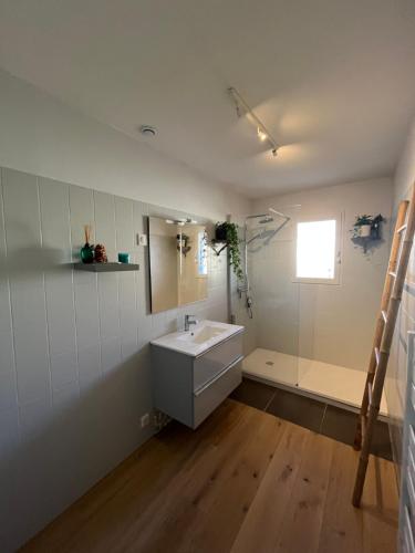 une salle de bain avec un lavabo blanc et une douche dans l'établissement Le jardin secret, à Gordes
