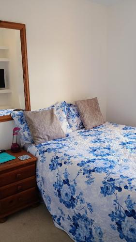 a bedroom with a blue and white bed with a mirror at BIENVENUE in NEWHAVEN Luxury superking OR standard OR budget rooms in Newhaven