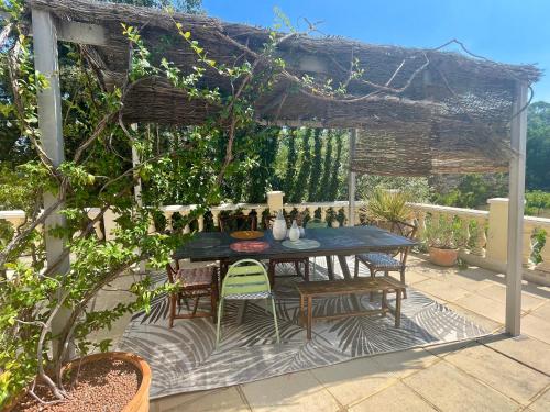 a table and chairs under a pergola on a patio at LES TERRASSES DE VALERIAN in Brignoles