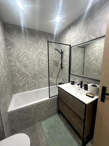 une salle de bain avec une baignoire et un lavabo dans l'établissement Appartement coeur de Cannes, à Cannes