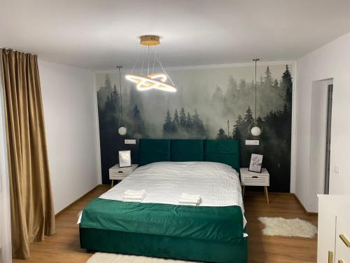 a bedroom with a green bed and a painting on the wall at Gap Mountain House in Săgagea