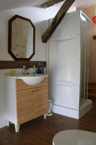 une salle de bain avec un lavabo et une douche dans l'établissement Maison ancienne en Périgord, 10 personnes, à Milhac-de-Nontron