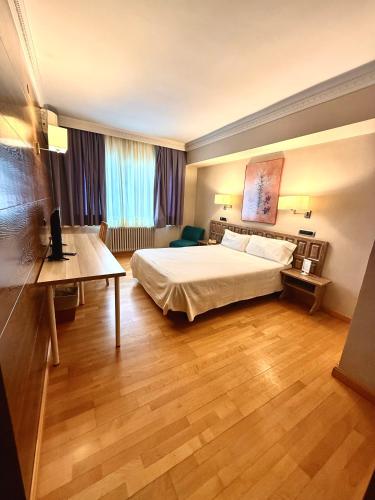 a hotel room with a bed and a desk at Hotel Virrey in Arnedo