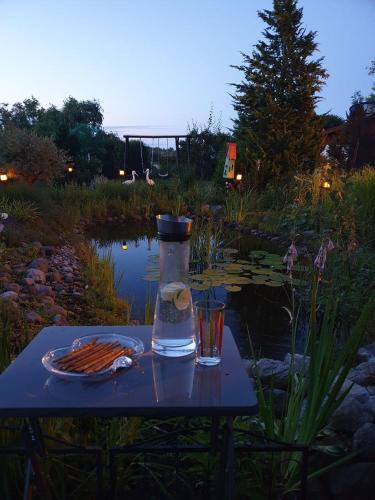 a table with a drink and a bottle and a glass at Ferienwohnung Janine in Neubrandenburg